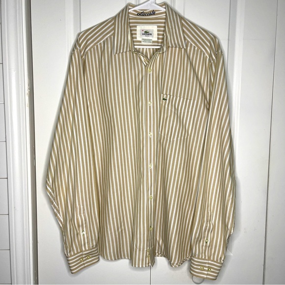 Lacoste Tan White Striped Button Down Size 42 Large Slim Fit Long Sleeve Men’s - Picture 1 of 9